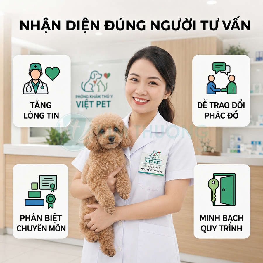 Bác sĩ thú y phòng khám Việt Pet bế chó poodle nhỏ, giới thiệu lợi ích khi nhận diện đúng người tư vấn