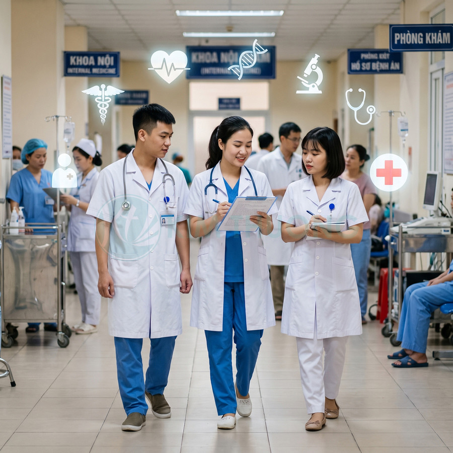 Ba bác sĩ trẻ mặc áo blouse trắng trao đổi hồ sơ bệnh án trong hành lang bệnh viện hiện đại