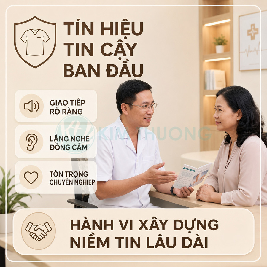 Bác sĩ tư vấn sức khỏe cho bệnh nhân nữ trung niên trong phòng khám hiện đại, nhấn mạnh giao tiếp rõ ràng và chuyên nghiệp