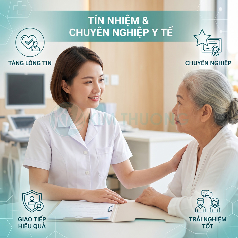 Bác sĩ nữ tư vấn và trấn an bệnh nhân lớn tuổi trong phòng khám hiện đại, nhấn mạnh dịch vụ y tế chuyên nghiệp