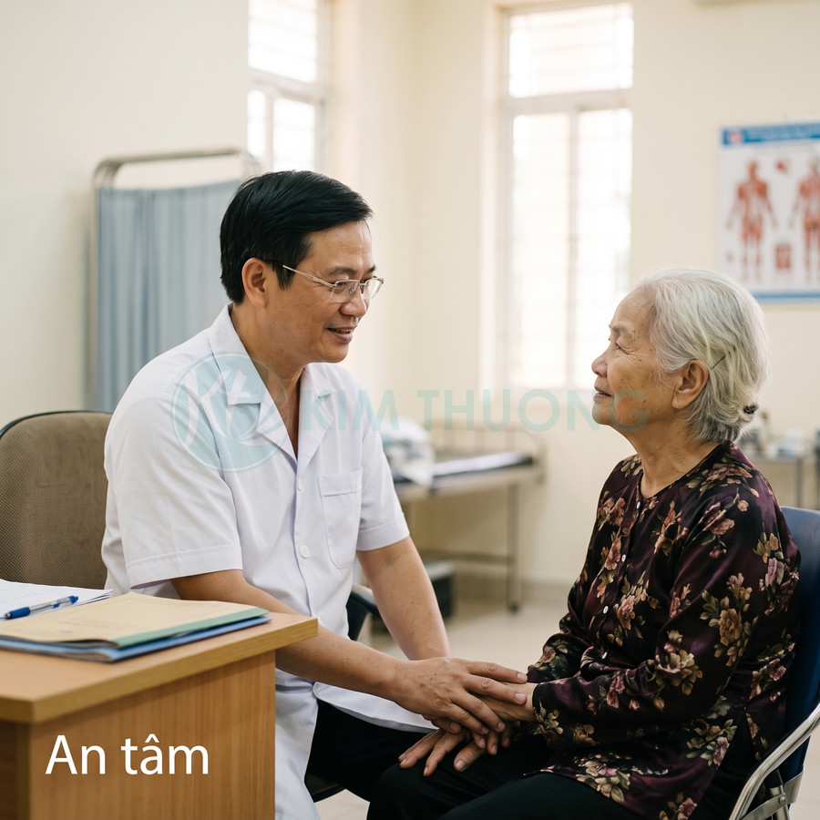 Bác sĩ nam tư vấn và nắm tay trấn an cụ bà trong phòng khám bệnh