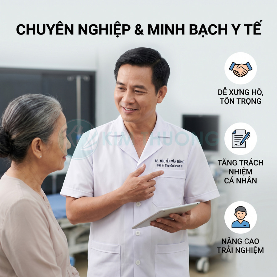 Bác sĩ tư vấn cho bệnh nhân lớn tuổi trong phòng khám với thông điệp chuyên nghiệp và minh bạch y tế