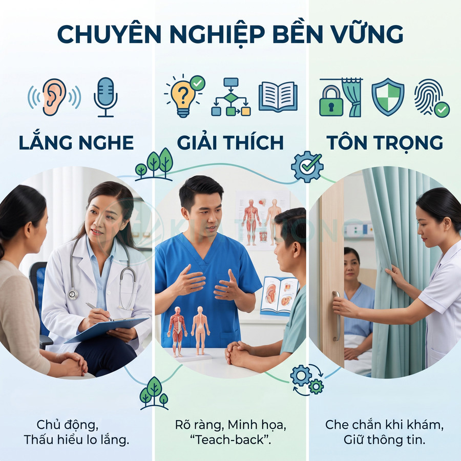 Bác sĩ và điều dưỡng tư vấn, giải thích và che chắn cho bệnh nhân, nhấn mạnh lắng nghe và tôn trọng trong khám chữa bệnh