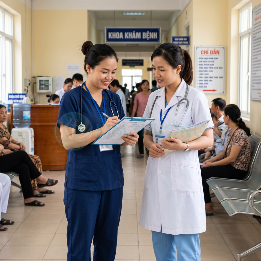 Hai nữ bác sĩ trao đổi hồ sơ bệnh án tại hành lang khoa khám bệnh đông bệnh nhân chờ