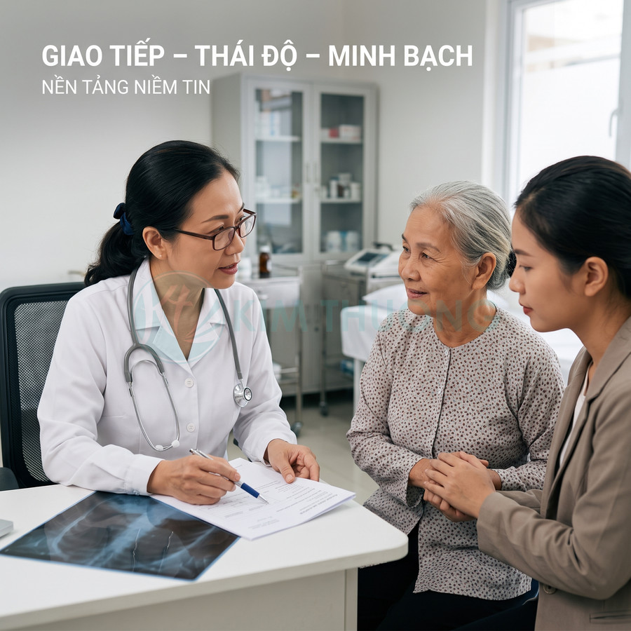 Bác sĩ tư vấn kết quả khám bệnh cho bệnh nhân cao tuổi và người nhà trong phòng khám hiện đại