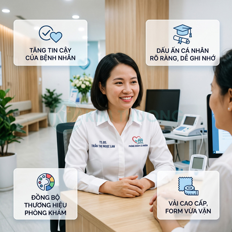 Bác sĩ nữ mặc áo blouse thêu tên và logo phòng khám tư vấn bệnh nhân tại quầy tiếp nhận
