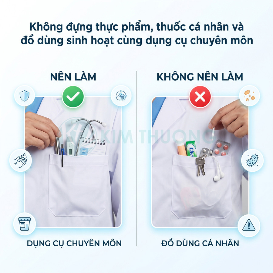 Hướng dẫn bác sĩ chỉ để ống nghe và dụng cụ y tế trong túi áo blouse, không để thuốc, chìa khóa và đồ dùng cá nhân