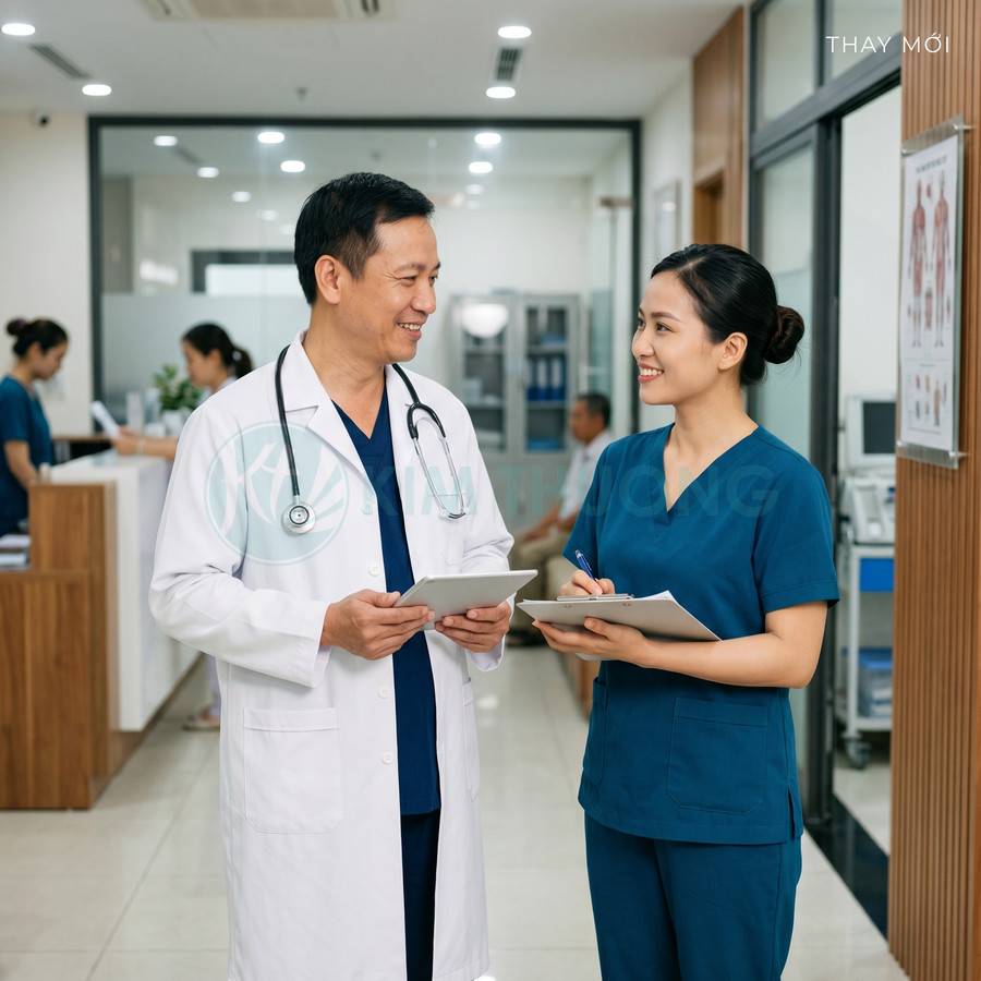 Bác sĩ và y tá trao đổi hồ sơ bệnh án trong hành lang phòng khám hiện đại