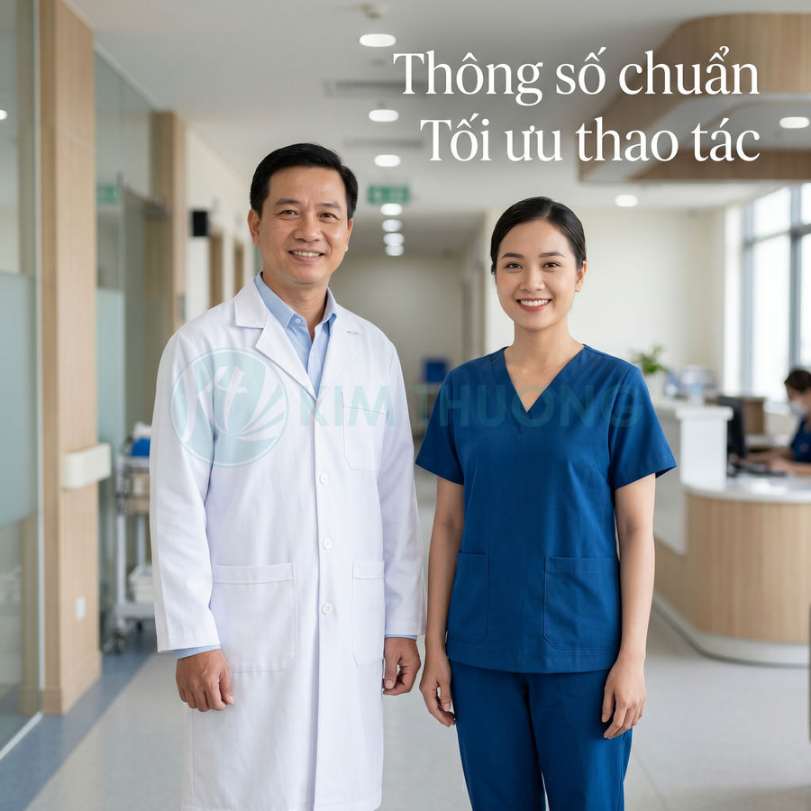 Bộ đồng phục y tế màu trắng và xanh dương cho bác sĩ và điều dưỡng trong bệnh viện hiện đại