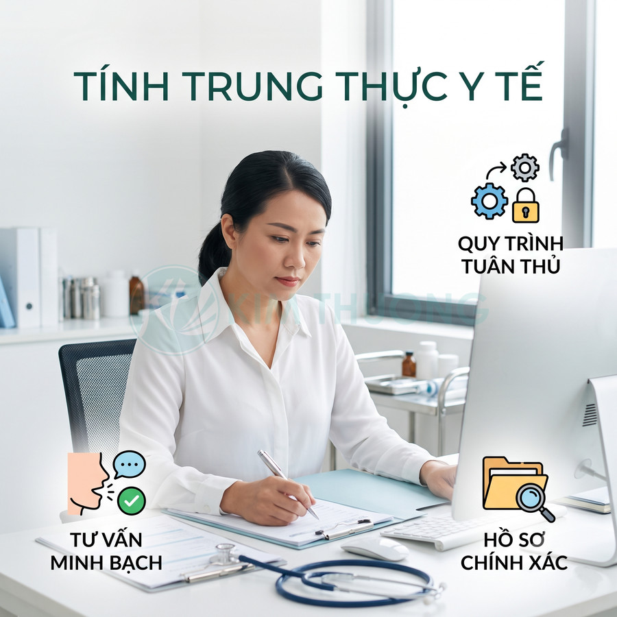 Bác sĩ nữ làm việc tại bàn với hồ sơ bệnh án và máy tính, nhấn mạnh tư vấn minh bạch và quy trình y tế chuẩn xác