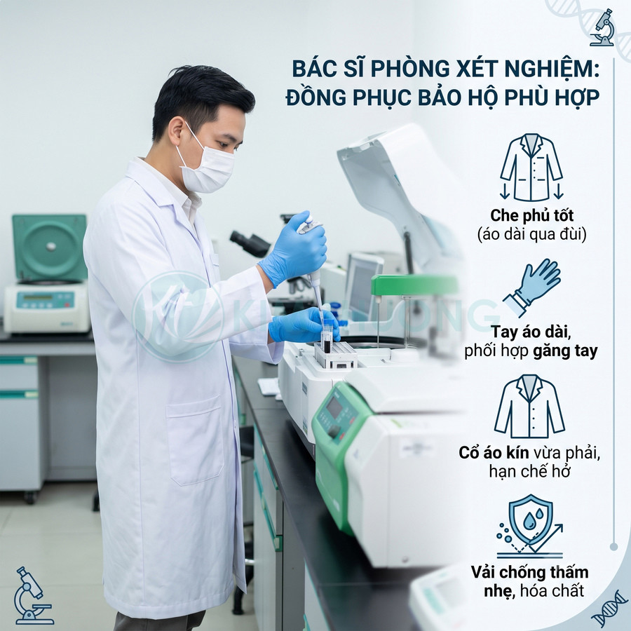 Bác sĩ xét nghiệm mặc áo blouse trắng dài, đeo khẩu trang và găng tay xanh làm việc với máy xét nghiệm trong phòng lab
