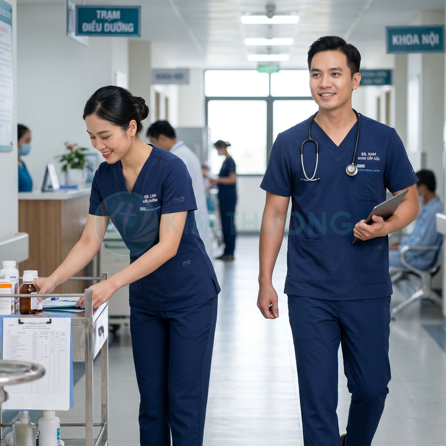 Đồng phục y tá bác sĩ màu xanh navy hiện đại trong bệnh viện, chất liệu thoải mái, chuyên nghiệp