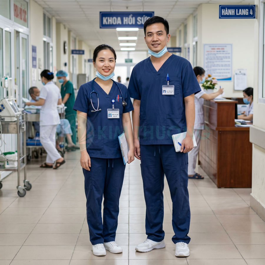 Hai bác sĩ mặc đồng phục y tế màu xanh đứng trong hành lang bệnh viện cầm hồ sơ bệnh án