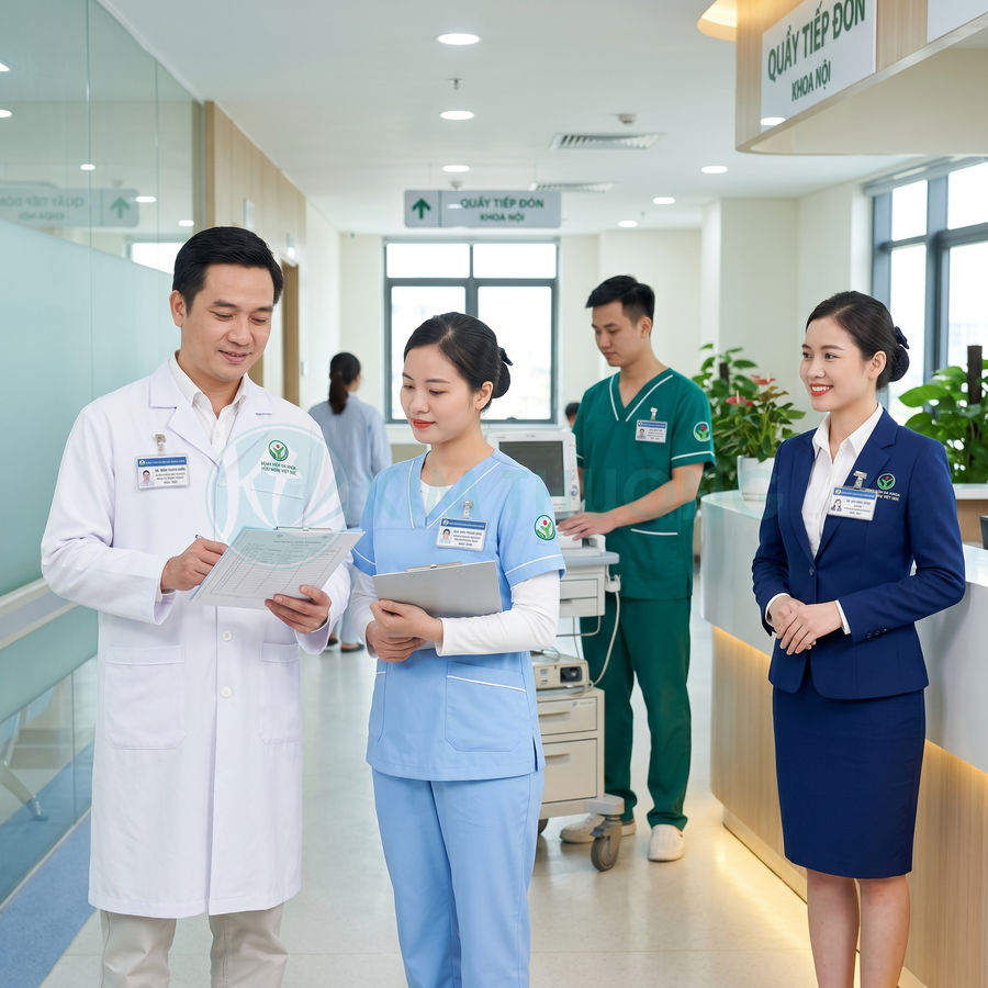 Bác sĩ và điều dưỡng bệnh viện trao đổi hồ sơ bệnh án tại quầy tiếp đón khoa nội hiện đại