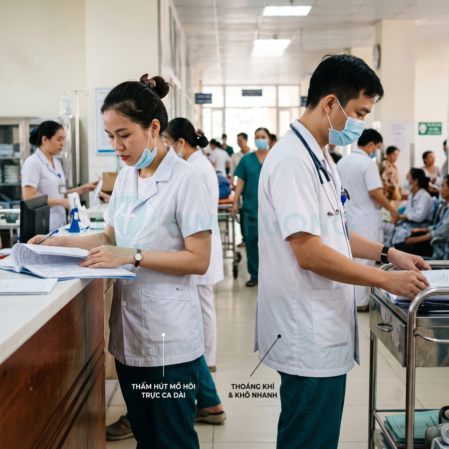 Bác sĩ và y tá mặc đồng phục y tế màu trắng xanh làm việc trong bệnh viện đông bệnh nhân