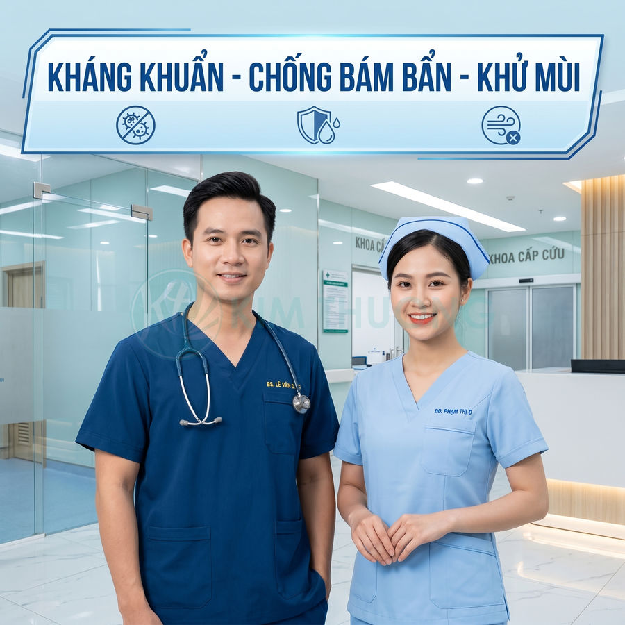 Bác sĩ và y tá mặc đồng phục y tế đứng trong bệnh viện với bảng thông điệp kháng khuẩn chống bám bẩn khử mùi