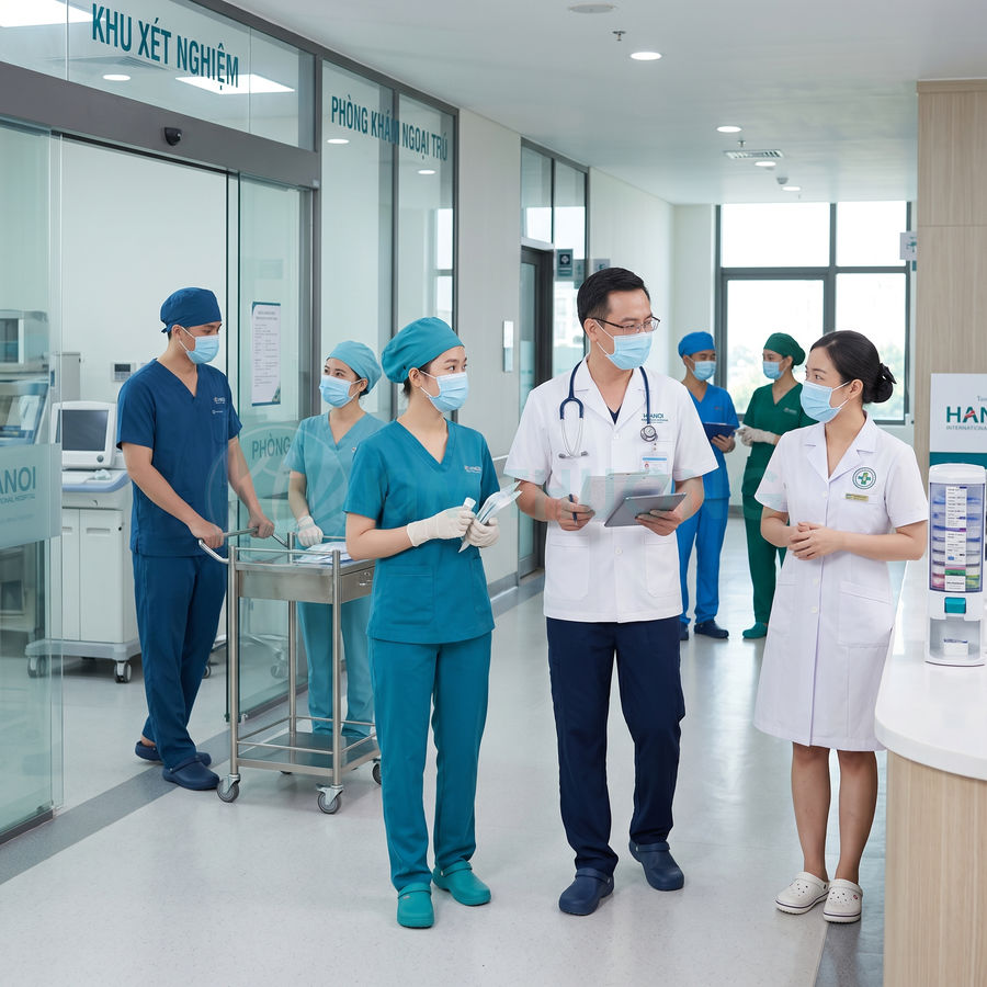 Đội ngũ bác sĩ y tá đeo khẩu trang trao đổi công việc tại hành lang bệnh viện hiện đại