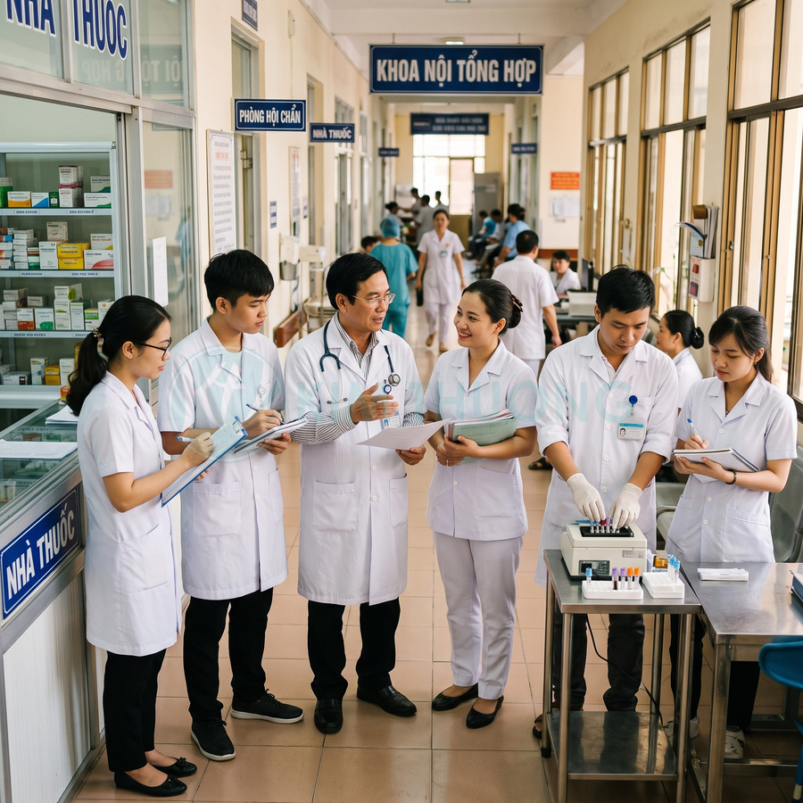 Nhóm bác sĩ và điều dưỡng bệnh viện trao đổi chuyên môn và làm xét nghiệm trong hành lang khoa nội
