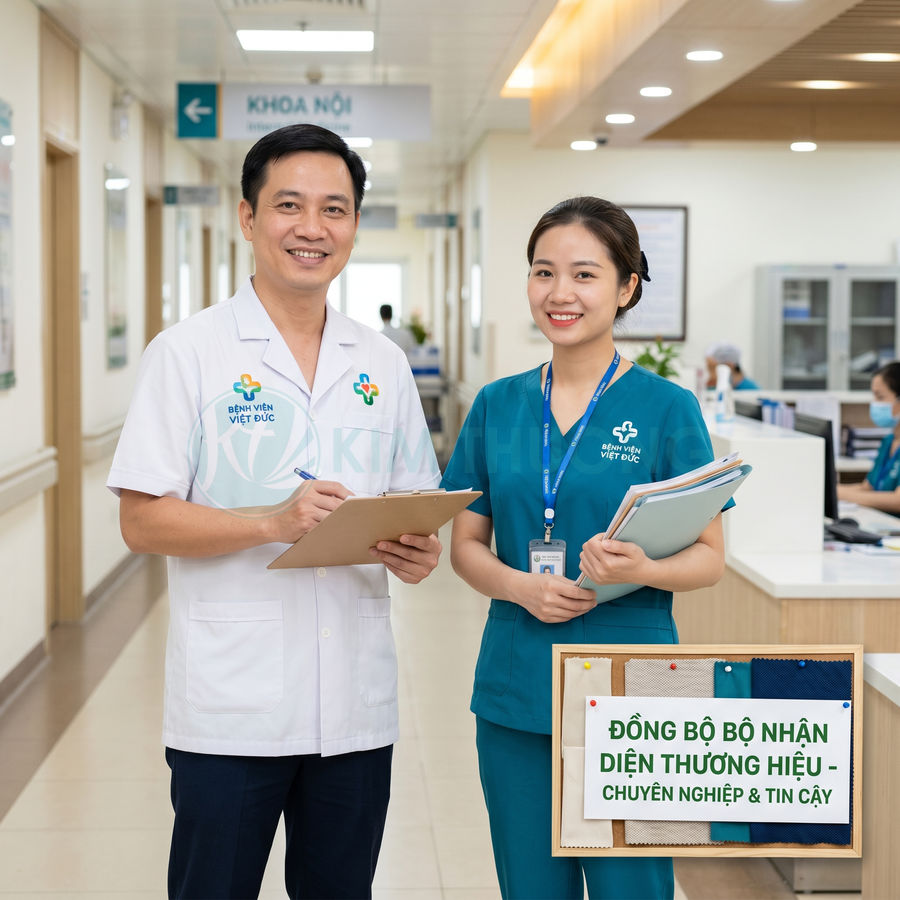 Đồng phục y tế bệnh viện Việt Đức màu trắng và xanh cho bác sĩ, điều dưỡng trong hành lang khoa nội
