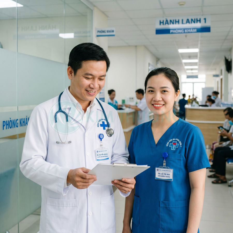 Bác sĩ và điều dưỡng bệnh viện đa khoa tư vấn hồ sơ khám cho bệnh nhân trong hành lang phòng khám
