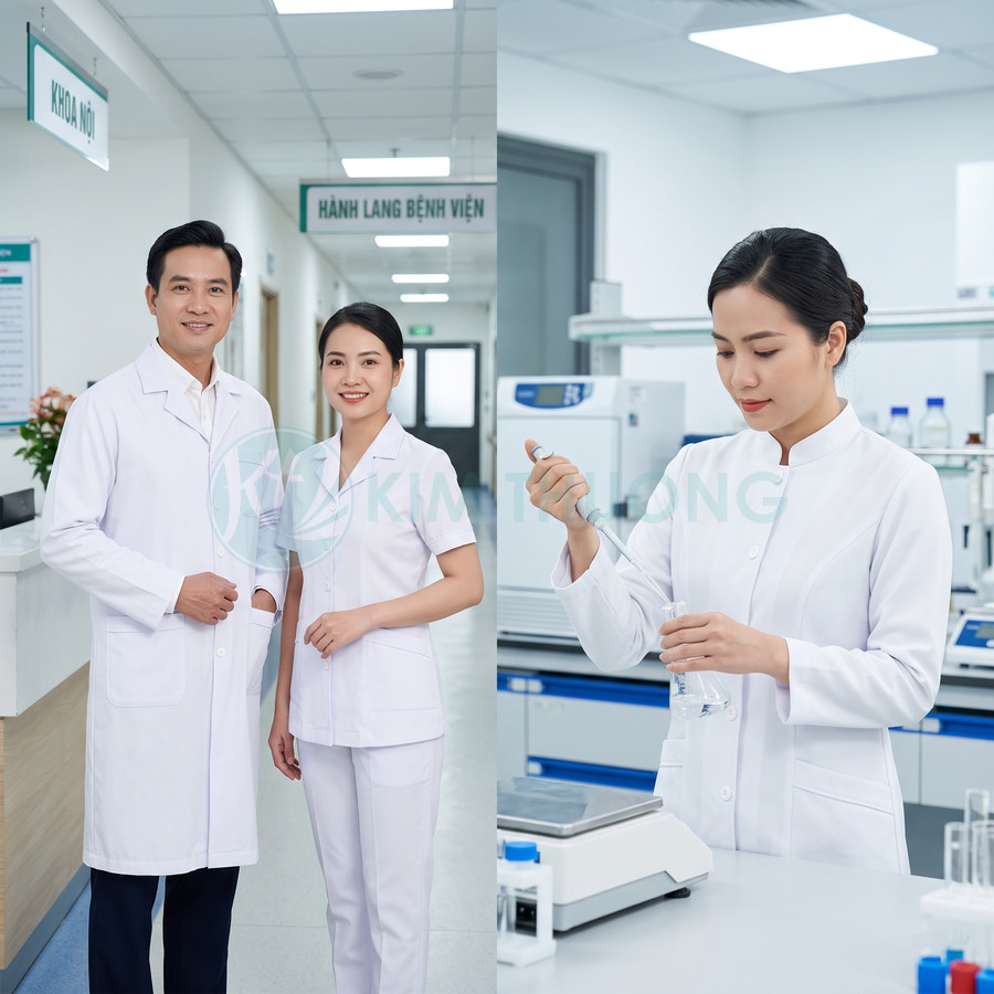Bác sĩ và kỹ thuật viên mặc đồng phục blouse trắng làm việc tại hành lang bệnh viện và phòng thí nghiệm