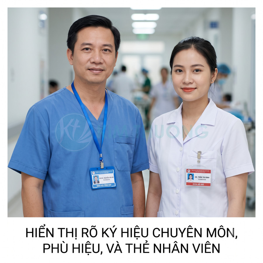 Hai nhân viên y tế mặc đồng phục và đeo thẻ tên đứng trong hành lang bệnh viện