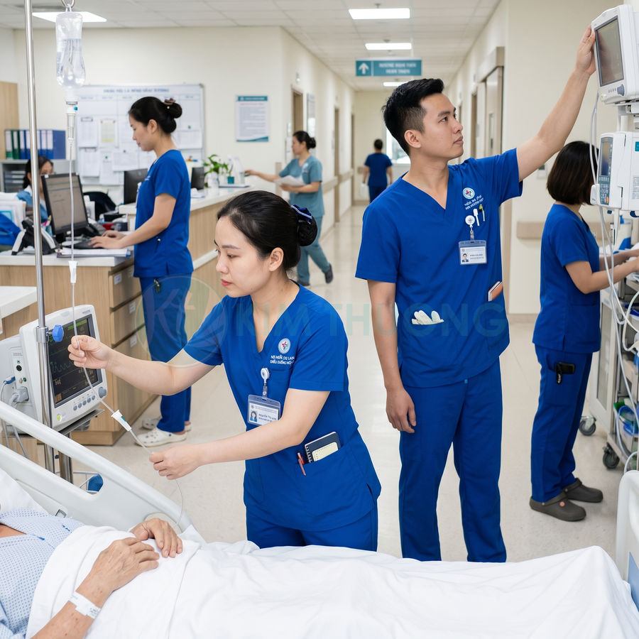 Điều dưỡng bệnh viện chăm sóc bệnh nhân nằm viện và theo dõi máy đo nhịp tim trong phòng hồi sức
