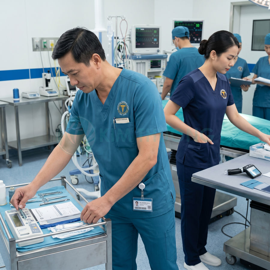 Bác sĩ mặc đồng phục phẫu thuật màu xanh đang chuẩn bị dụng cụ y tế trong phòng mổ hiện đại