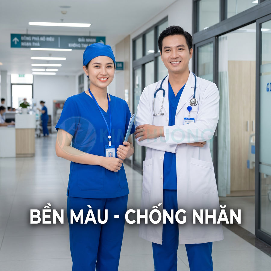Đồng phục y tá và bác sĩ màu xanh dương bền màu chống nhăn trong bệnh viện hiện đại