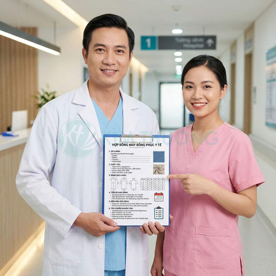 Bác sĩ và y tá cầm hợp đồng may đồng phục y tế trong bệnh viện