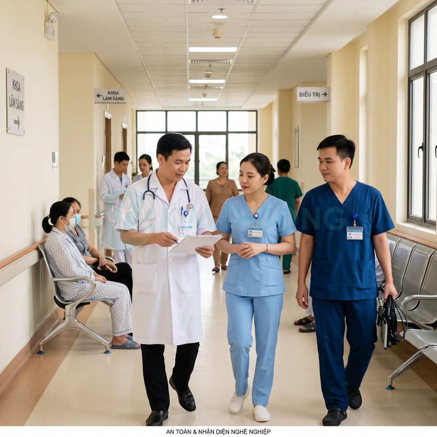 Bác sĩ và y tá mặc đồng phục y tế trao đổi hồ sơ bệnh án trong hành lang bệnh viện