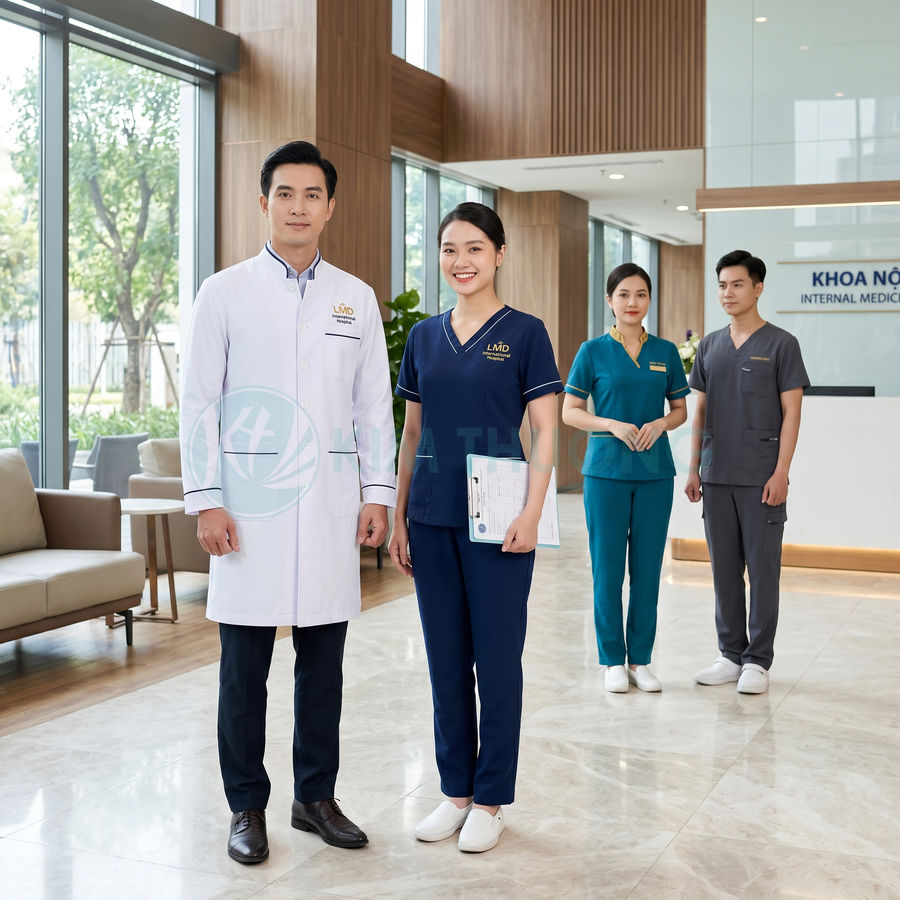 Đội ngũ bác sĩ y tá mặc đồng phục LMD đứng tại sảnh khoa nội bệnh viện hiện đại