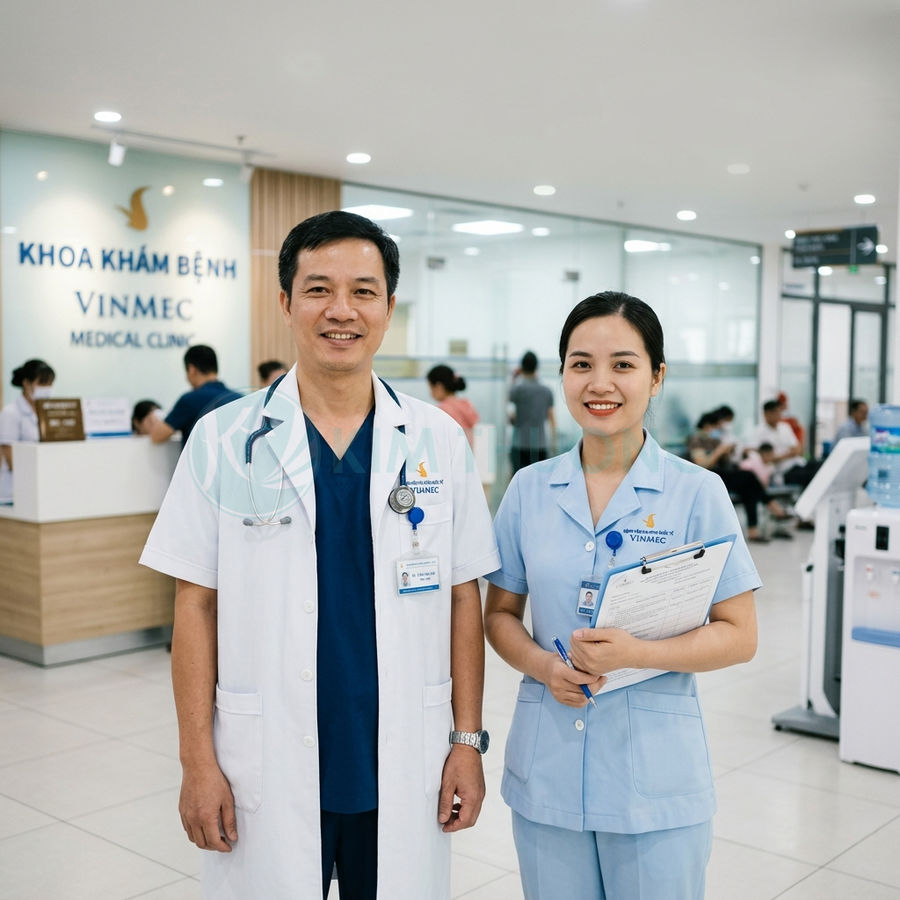 Bác sĩ và y tá bệnh viện Vinmec đứng tại khoa khám bệnh, cầm hồ sơ bệnh án trong phòng chờ