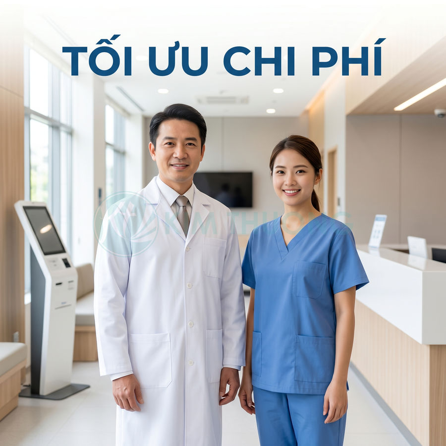 Bác sĩ và y tá đứng trong sảnh bệnh viện hiện đại với dòng chữ tối ưu chi phí