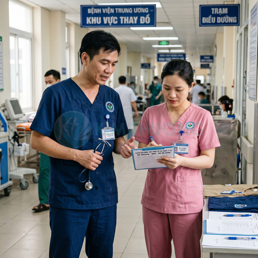 Hai nhân viên y tế bệnh viện trao đổi hồ sơ bệnh án trong hành lang khoa điều trị