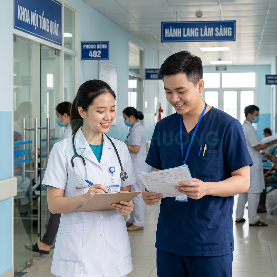 Bác sĩ và điều dưỡng trao đổi hồ sơ bệnh án tại hành lang khoa nội tổng quát bệnh viện