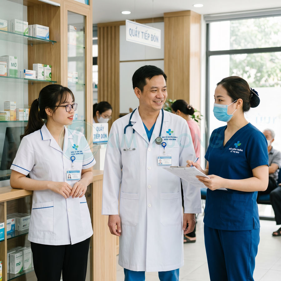 Bác sĩ và điều dưỡng trao đổi hồ sơ bệnh án tại quầy tiếp đón trong phòng khám hiện đại