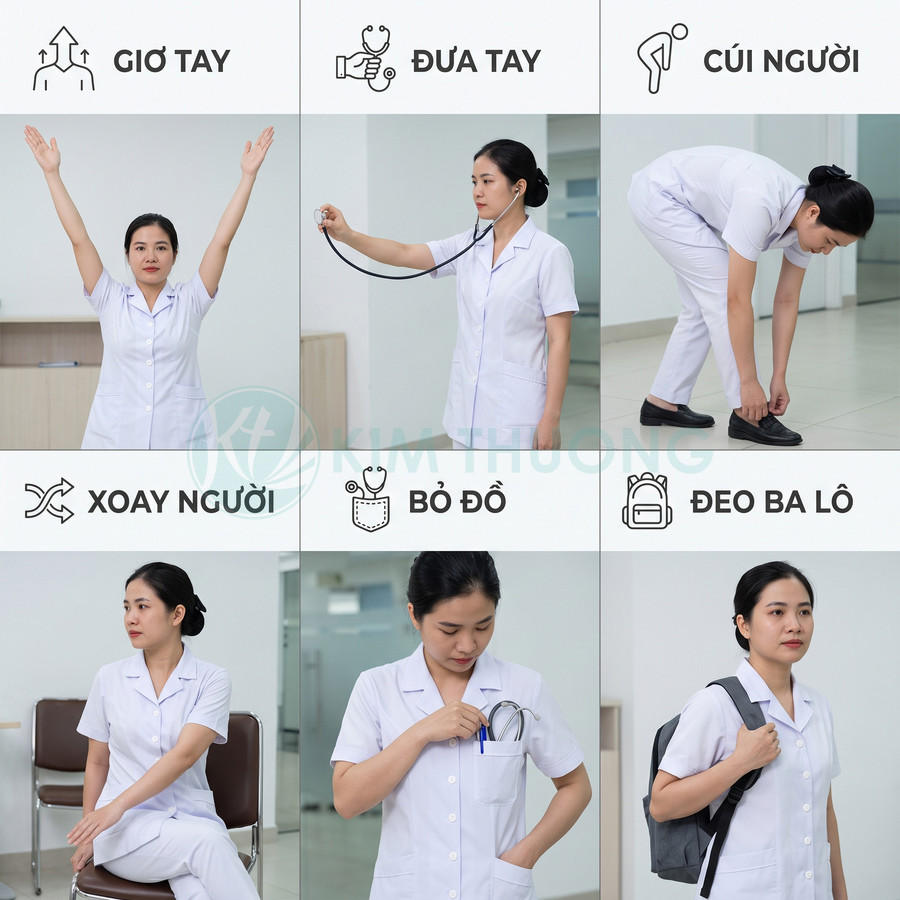 Đồng phục y tá nữ màu trắng tay ngắn cổ bẻ, mẫu mặc thử trong nhiều tư thế hoạt động