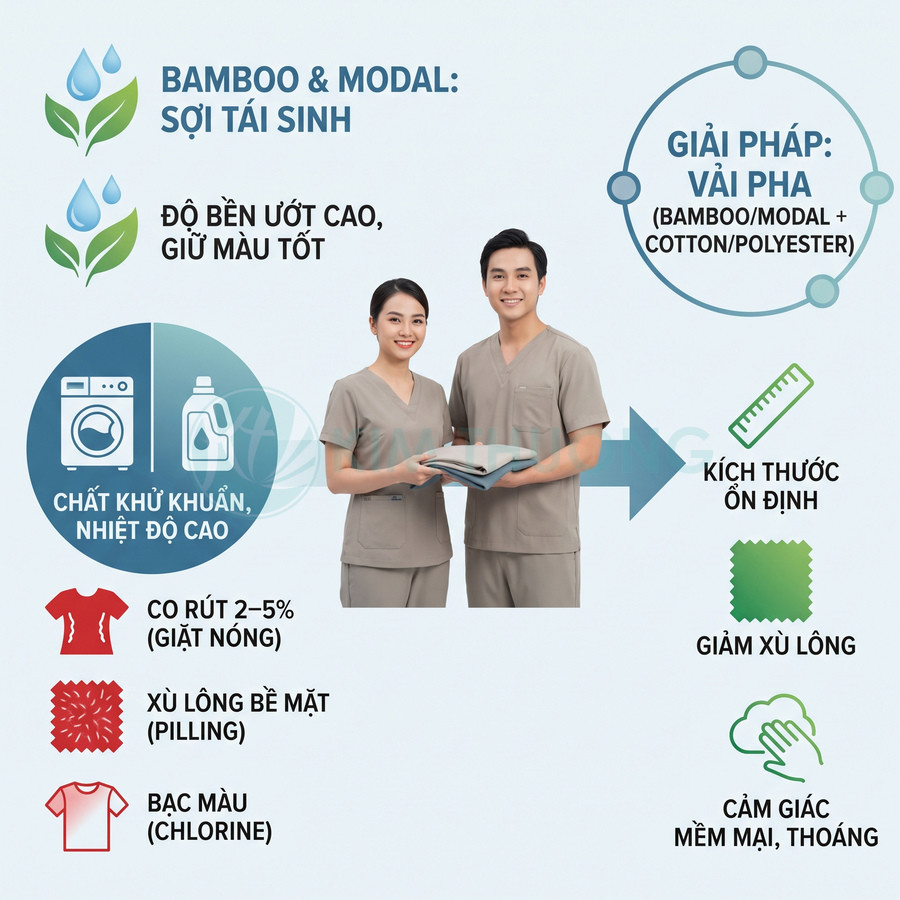 Ưu điểm vải pha bamboo hoặc modal với cotton hoặc polyester, bền màu, ít xù lông và mềm mại thoáng khí