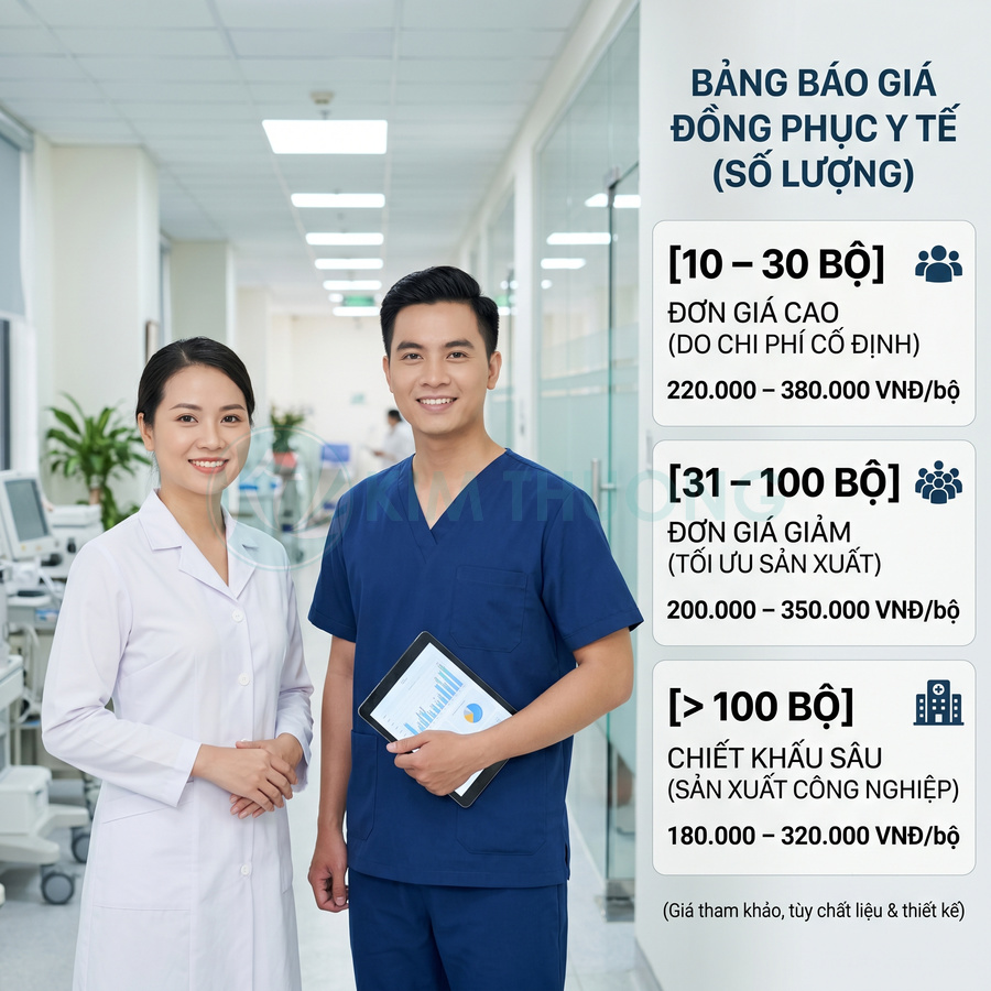 Bảng báo giá đồng phục y tế số lượng lớn với hai nhân viên y tế mặc áo blouse và scrub trong bệnh viện