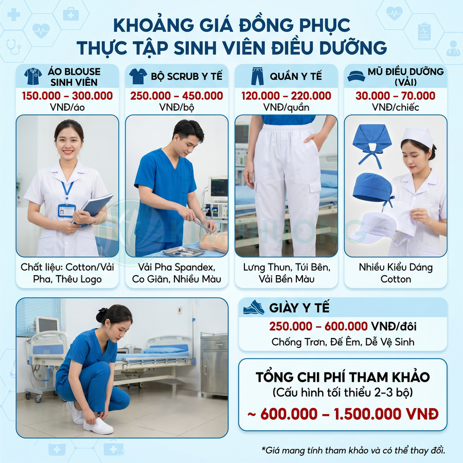 Bảng giá và hình ảnh mẫu đồng phục thực tập sinh viên điều dưỡng gồm áo blouse, scrub, quần, mũ và giày y tế