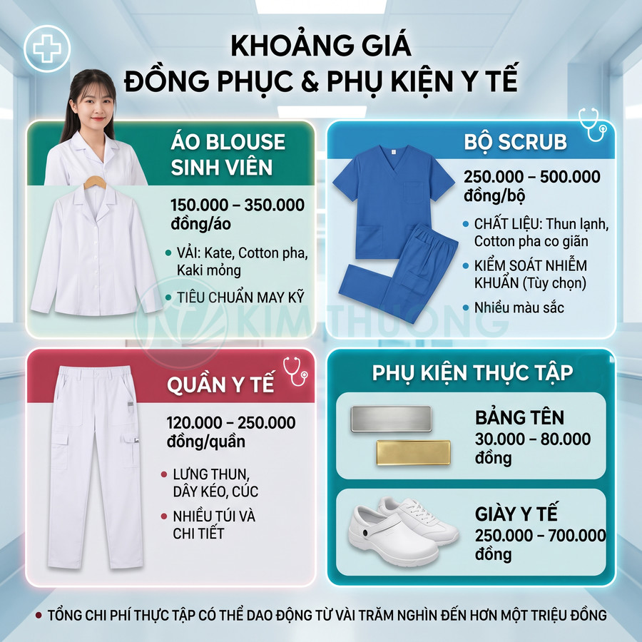 Bảng giá đồng phục y tế gồm áo blouse sinh viên, bộ scrub, quần y tế và phụ kiện thực tập