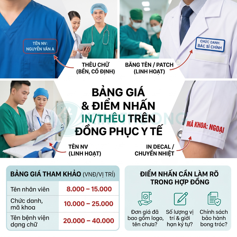 Bảng giá in thêu tên nhân viên, chức danh và mã khoa trên đồng phục y tế cho bệnh viện, phòng khám