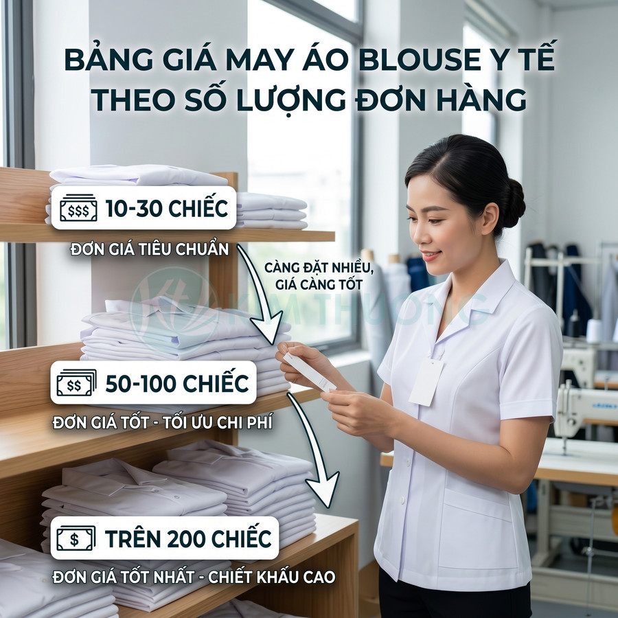 Nhân viên y tế xem bảng giá may áo blouse trắng theo số lượng đơn hàng trong xưởng may