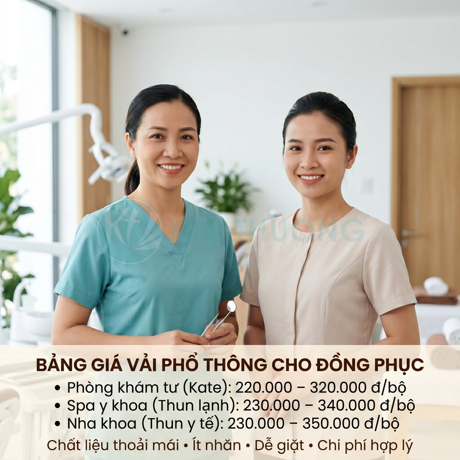 Đồng phục y tá nữ màu xanh và be tại phòng khám với bảng giá vải phổ thông cho đồng phục
