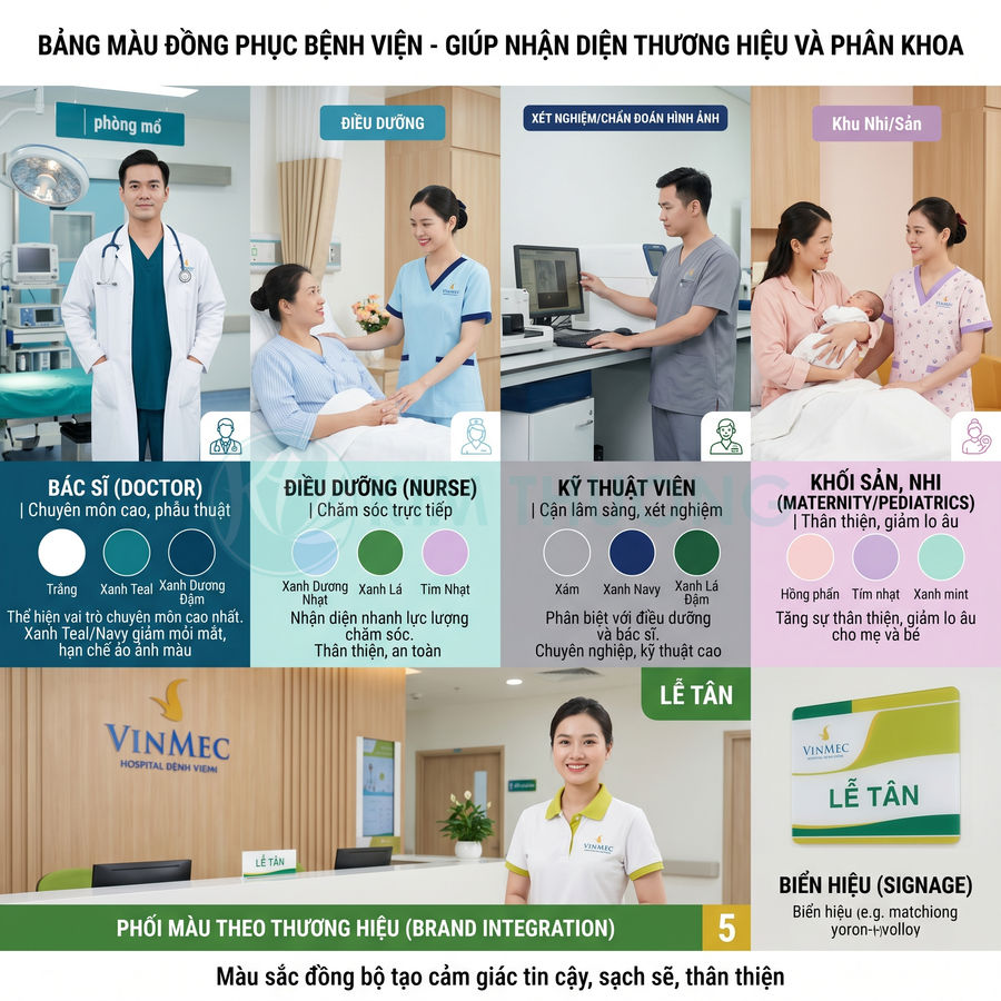 Bảng màu đồng phục bệnh viện Vinmec cho bác sĩ, điều dưỡng, kỹ thuật viên, khối sản nhi và lễ tân