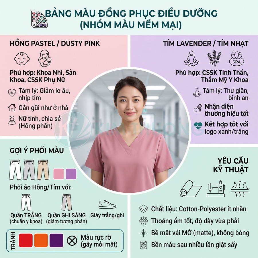 Nữ điều dưỡng mặc đồng phục y tế màu hồng pastel đứng trong hành lang bệnh viện, bảng hướng dẫn phối màu xung quanh