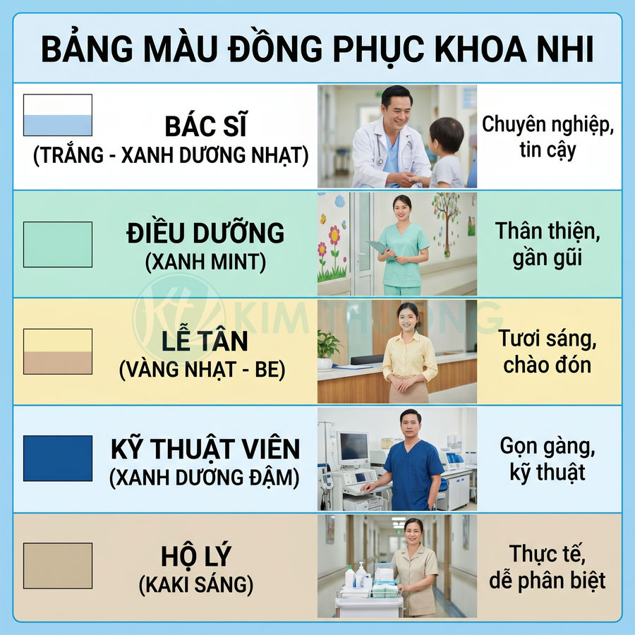 Bảng màu đồng phục khoa nhi cho bác sĩ, điều dưỡng, lễ tân, kỹ thuật viên và hộ lý với hình ảnh minh họa