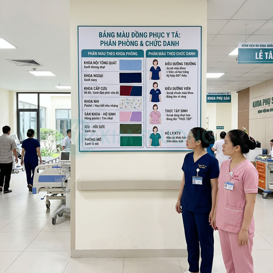 Bảng màu đồng phục y tá treo trên tường bệnh viện với hai nữ điều dưỡng mặc đồ xanh navy và hồng