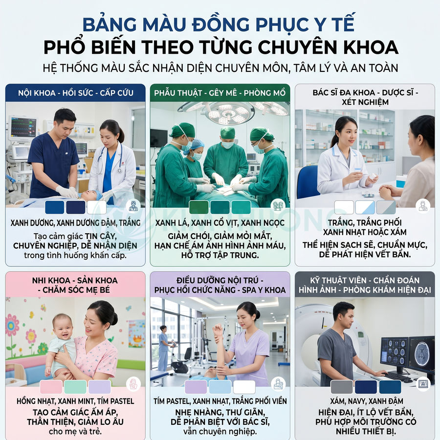 Bảng màu đồng phục y tế theo từng chuyên khoa với hình ảnh bác sĩ, y tá và bệnh nhân trong nhiều tình huống khám chữa bệnh